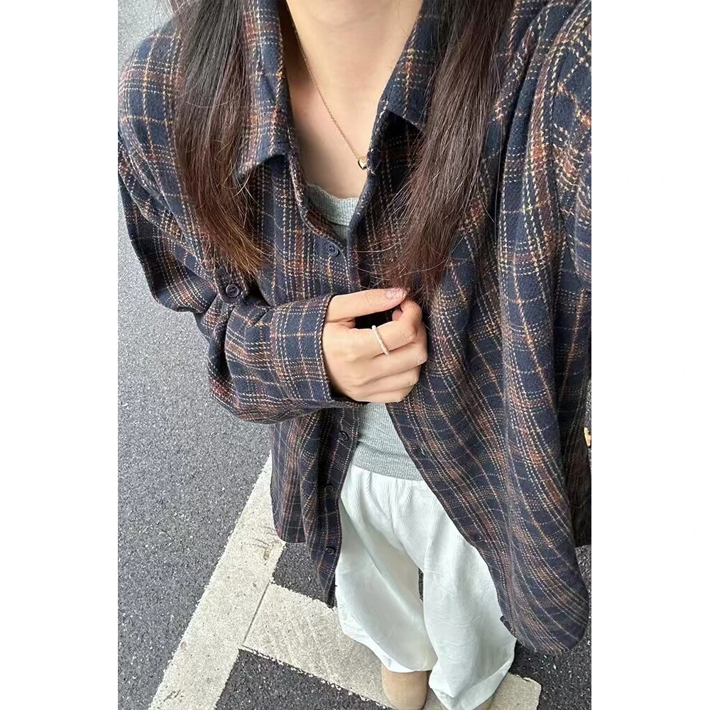藏青色格子宽松衬衫外套女2025新款秋冬高级感轻奢减龄长袖上衣