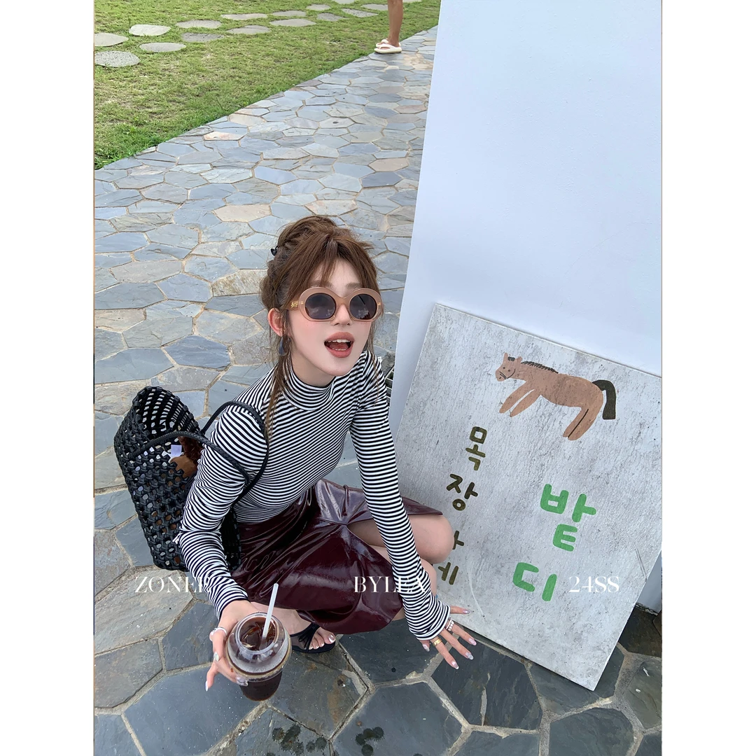 ZONEE 复古美学 法式宽松显瘦秋季长袖针织条纹撞色高领上衣