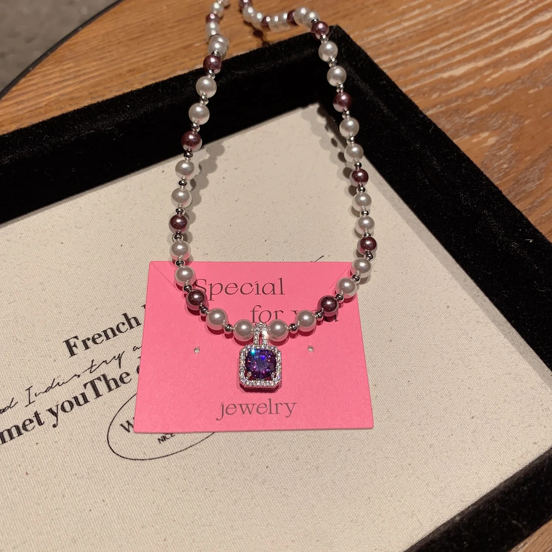 铜合金仿珍珠项链 紫色锆石几何施家珠方糖项链女锁骨链轻奢精致