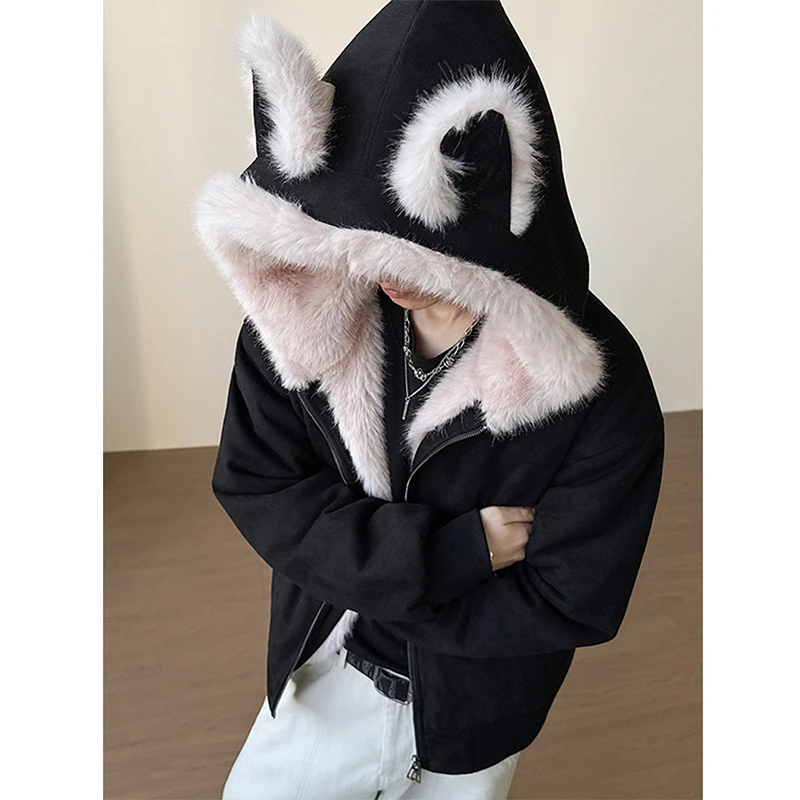 黑色毛茸茸猫耳朵毛领座山雕外套男冬季加绒保暖棉服短款夹克棉衣