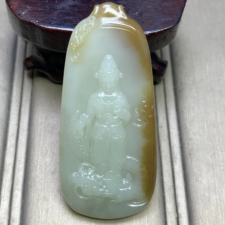 天然和田玉新疆且末糖白玉观音菩萨牌子吊坠挂件油润一物一证