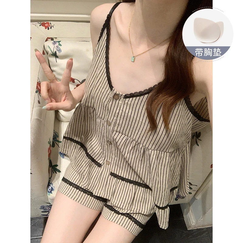 吊带睡衣女款夏季纯棉性感带胸垫2025新款简约条纹背心家居服套装
