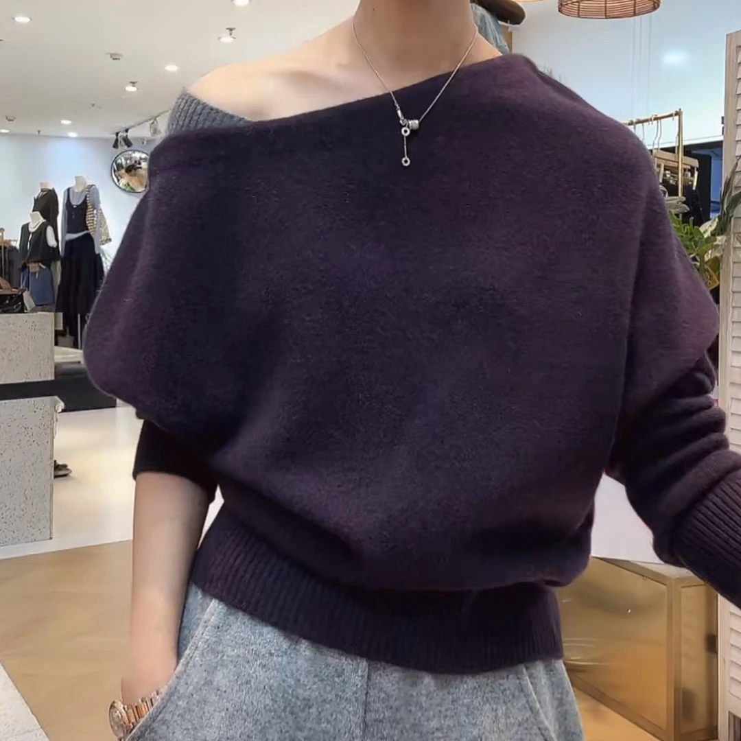 2025新款秋冬长袖网红设计感拼接毛衣 一字领宽松百搭针织衫韩版