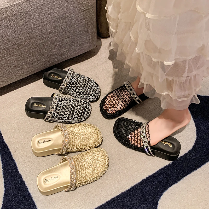 小众编织镂空网纱凉拖鞋女鞋子外穿2025新款夏季平底透气包头凉鞋