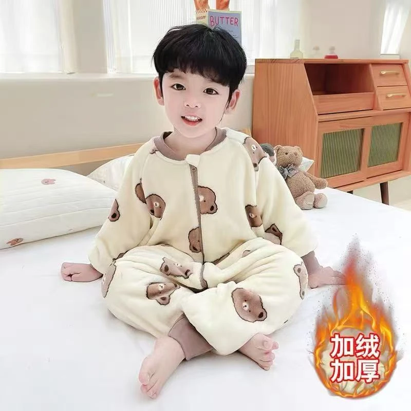 法兰绒连体睡衣男孩睡袍秋冬款婴儿童保暖加绒珊瑚绒家居服睡袋