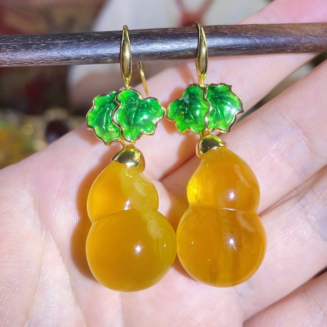 蜜蜡银S925镀金镶嵌耳环