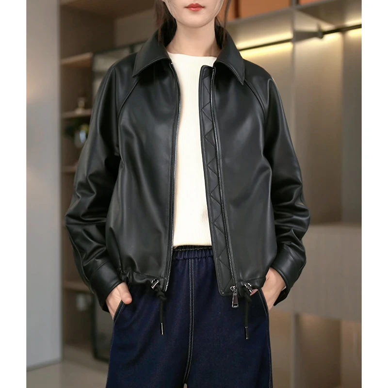 2570-2女士皮衣羊皮真皮春季新款时尚显瘦抽绳韩版百搭春秋款外套