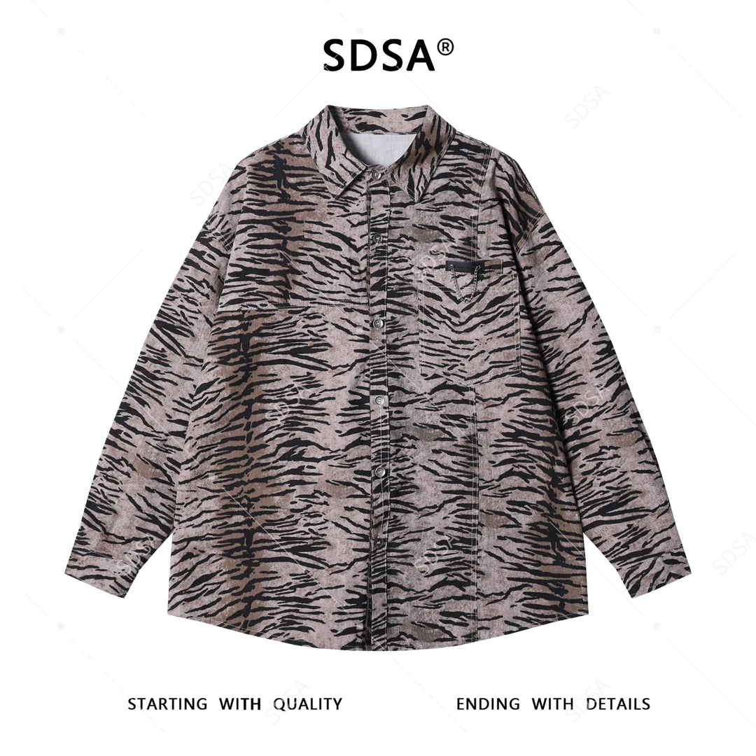 SDSA男士秋冬新款痞帅男装撞色斑马纹翻领长袖衬衫复古百搭衬衣