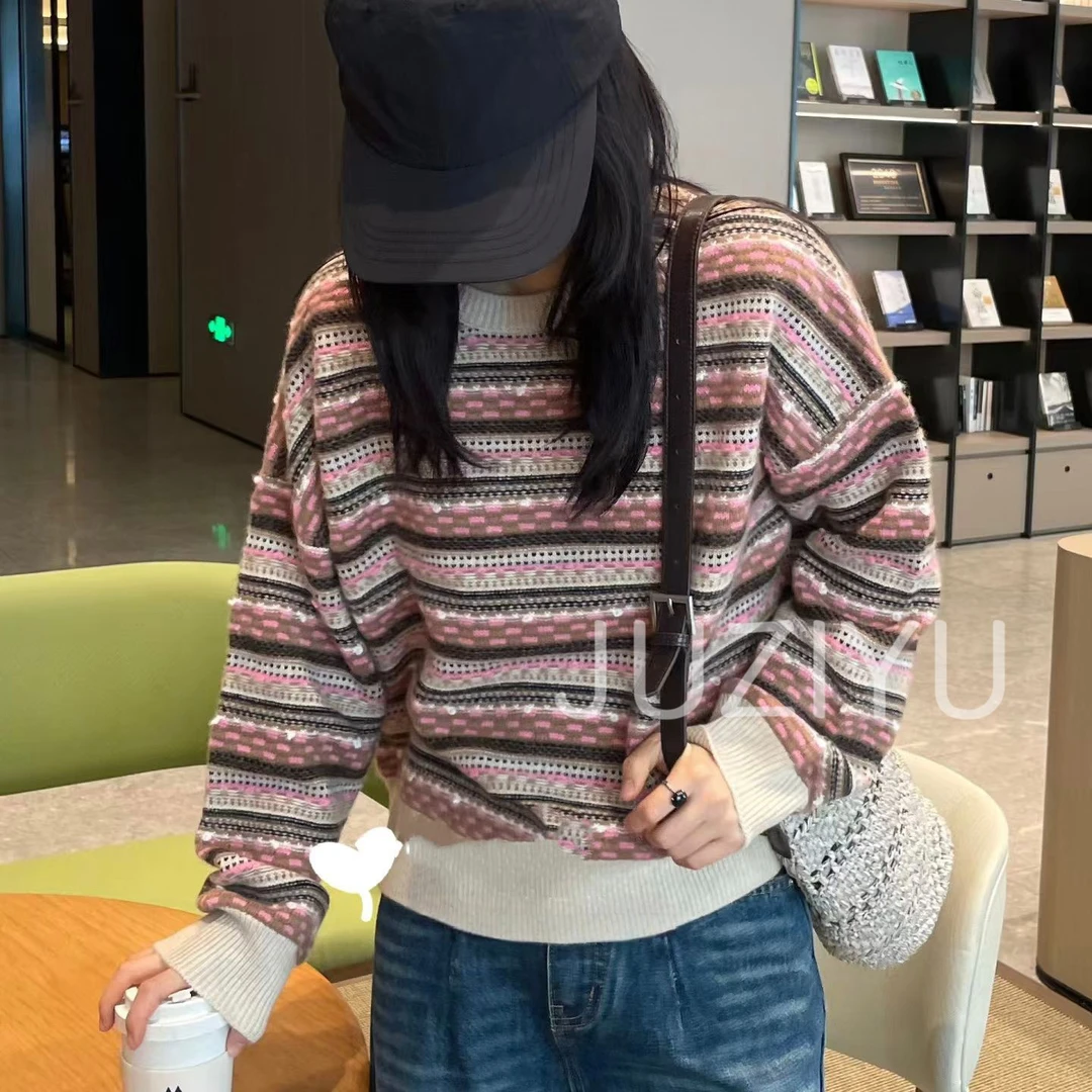 纯羊绒衫圆领粉色条纹针织衫毛衣