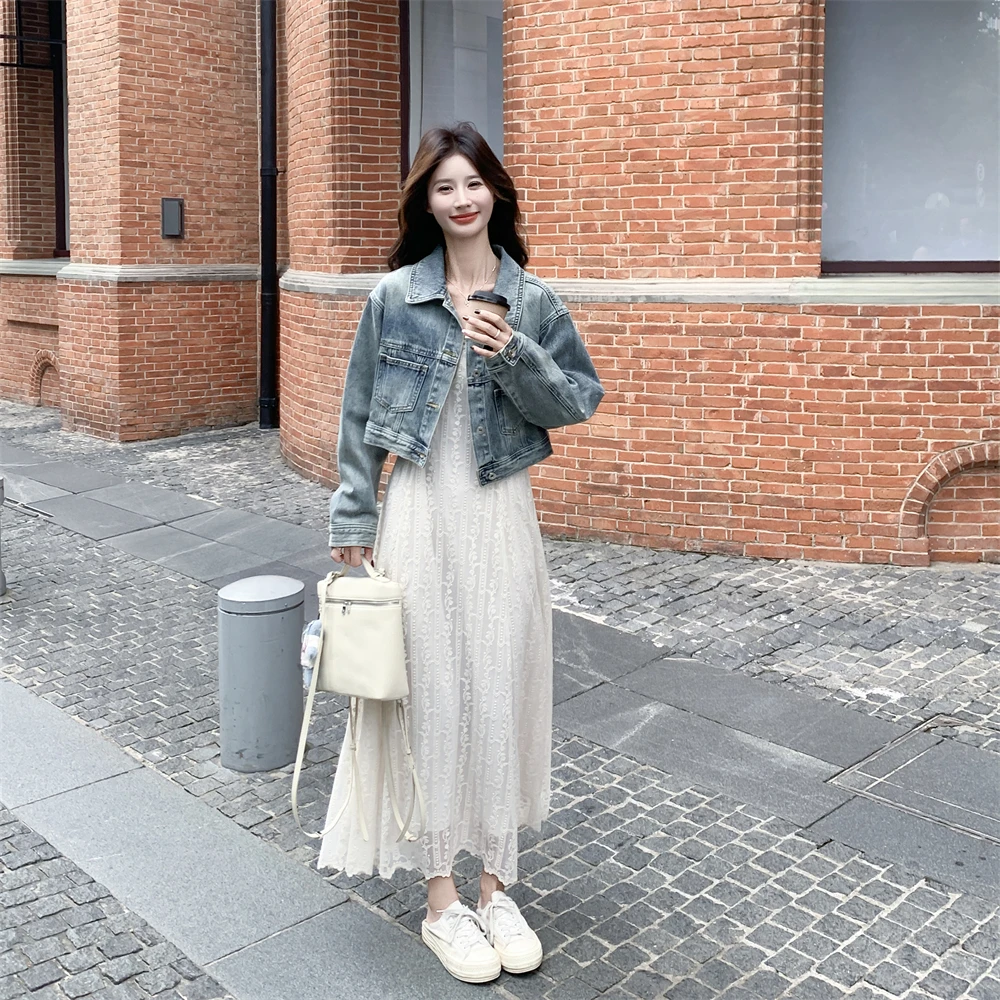 巨好看牛仔外套吊带连衣裙套装女春秋季大方得体盐系轻熟风两件套