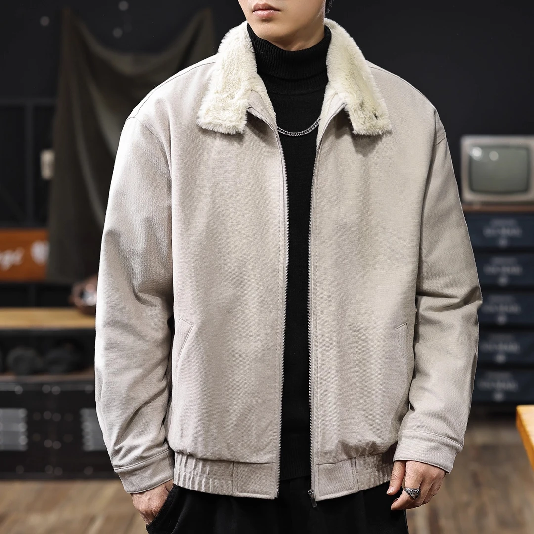美式复古仿羊羔绒立领夹克男2025冬季新款加绒保暖男款工装外套潮