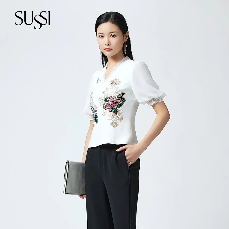 SUSSI/古色【玉绣丹华】白色V领醋酸灯笼袖通勤上衣女