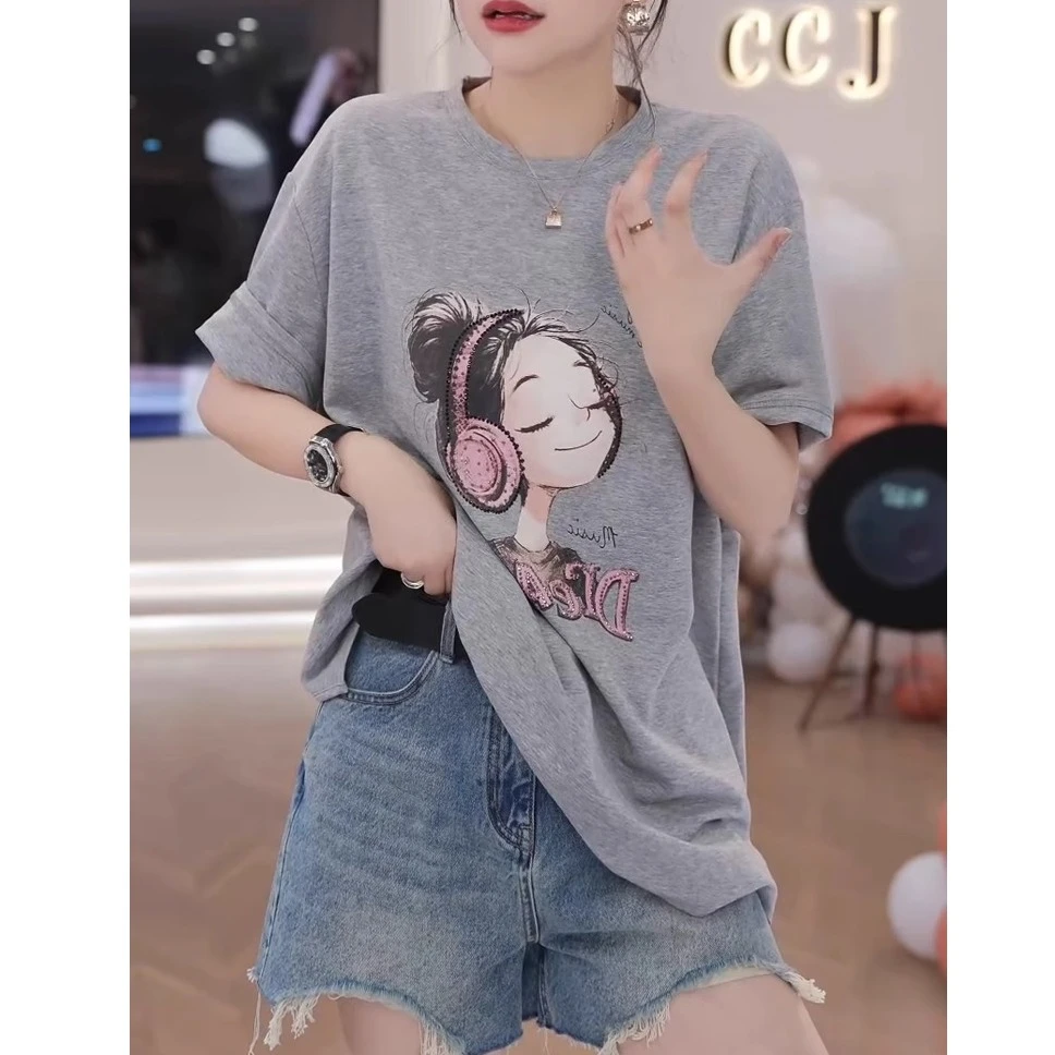 卡通印花灰色短袖t恤女2025年夏季新款后背蕾丝宽松圆领上衣体恤