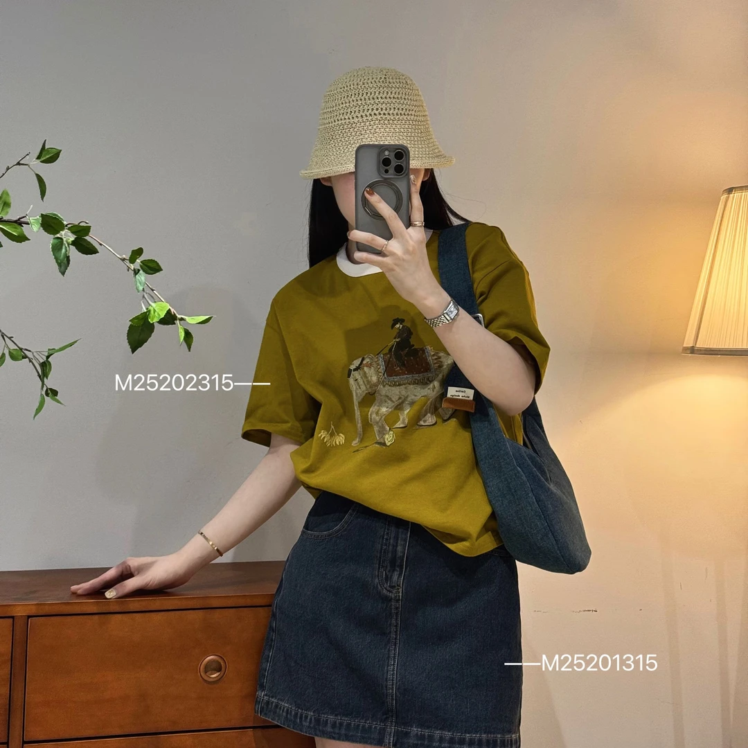 韩系休闲复古舒适时尚百搭大象印花撞色短袖T恤女-M25202315