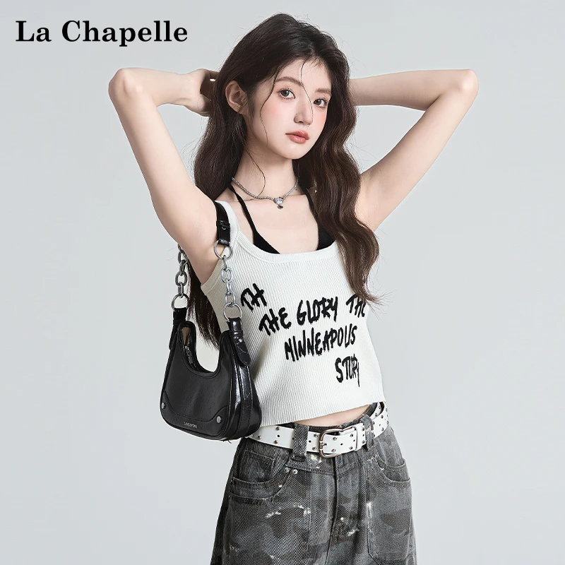 拉夏贝尔美式字母性感辣妹吊带背心女2025新款假两件白色针织上衣