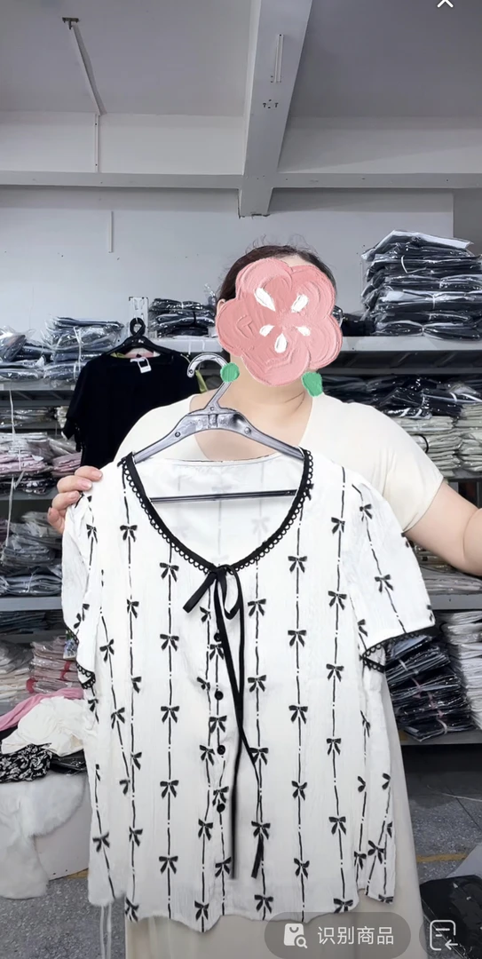 19636（25）胖mm夏季洋气法式领蝴蝶结印花短袖雪纺显瘦百搭小衫