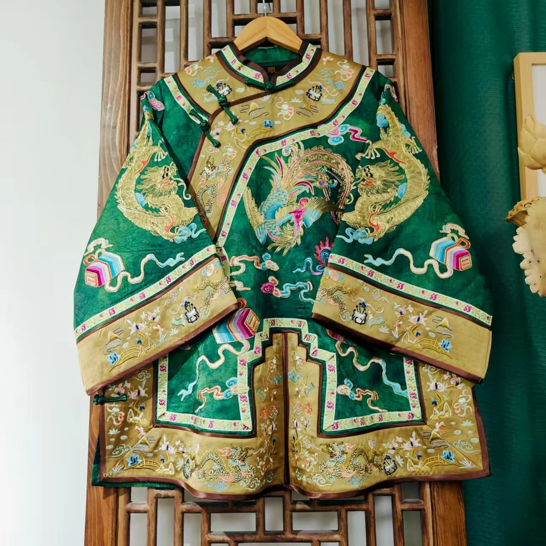 （LS475-6）凤徕兮绿色香香底龙凤刺绣拼咖色如意头斜襟盘扣太太服