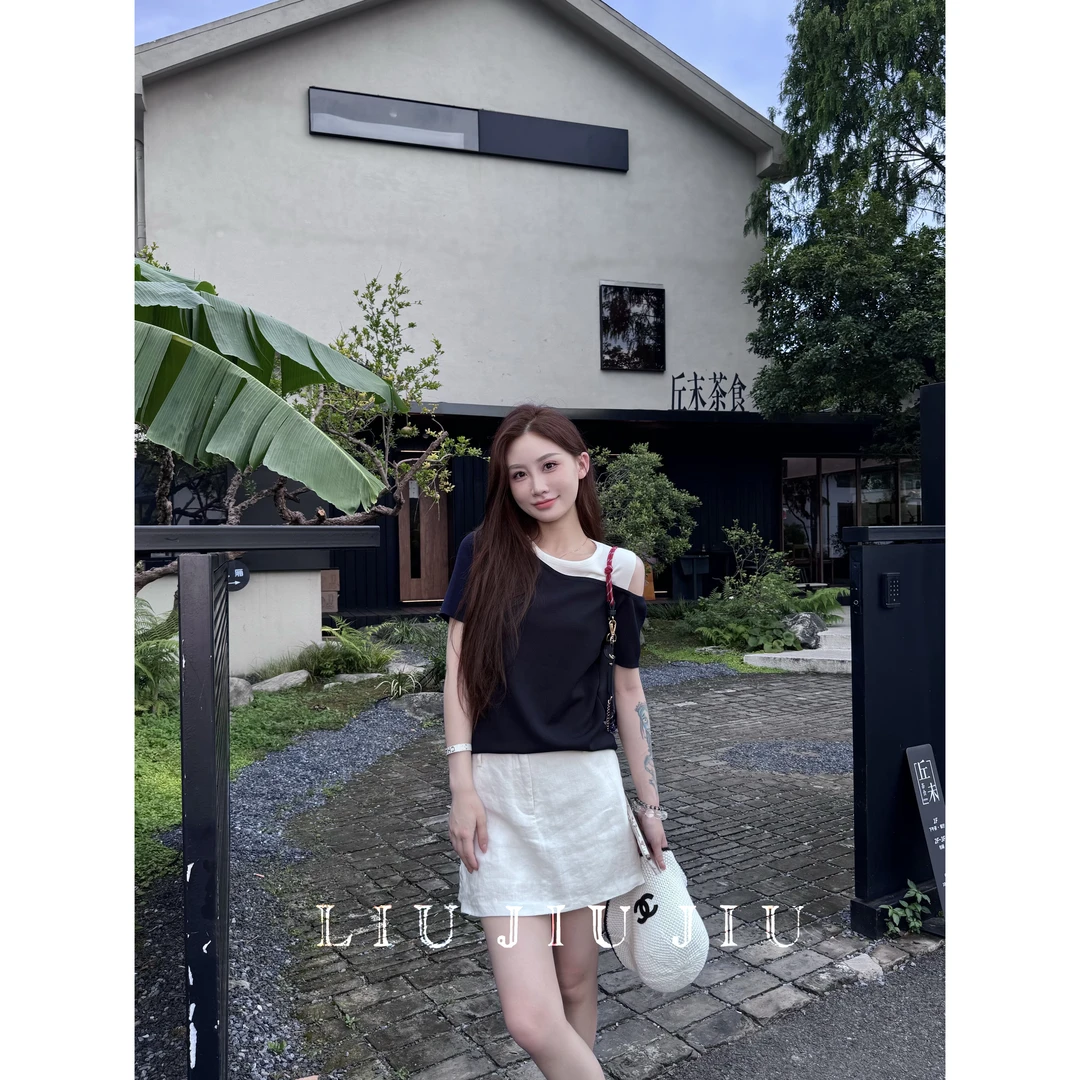 LIUJIUJIU 韩系新款露肩条纹针织短袖上衣夏季时尚显瘦T恤TX4324L