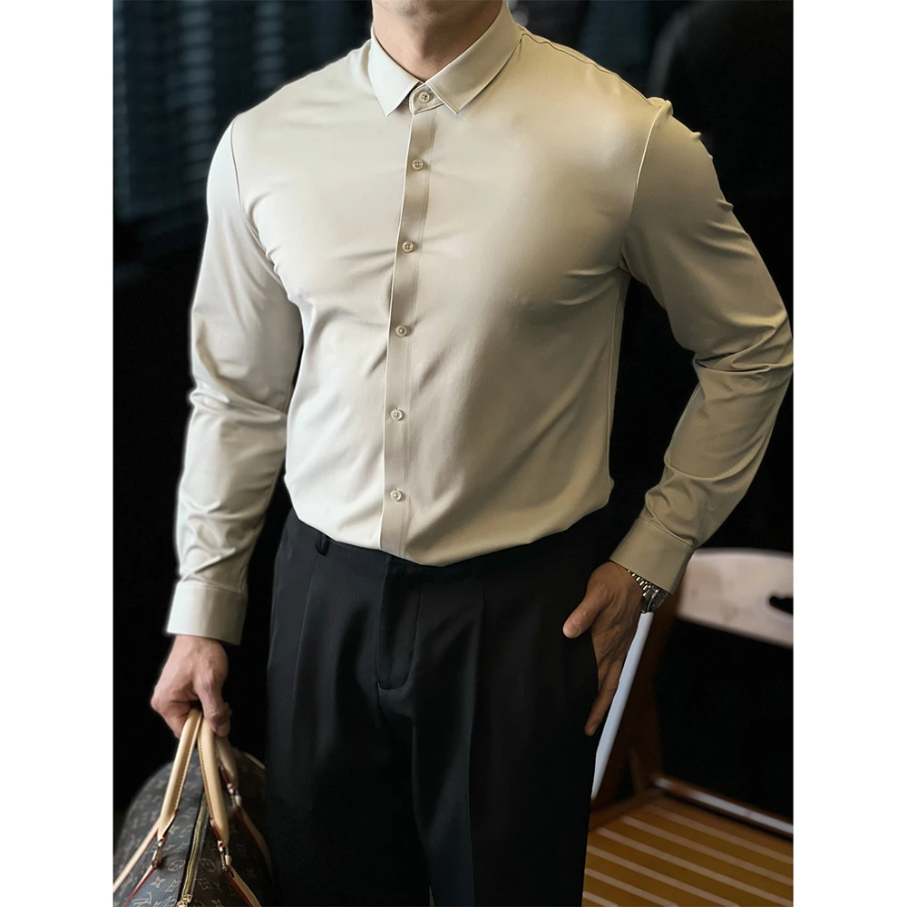 简素Design弹力缎面商务免烫抗皱冰丝衬衫男修身长袖薄衬衣春夏季