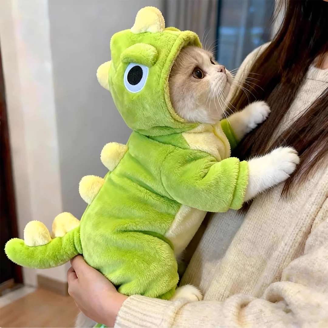小恐龙猫咪衣服秋冬保暖比熊泰迪狗狗加厚法兰绒四脚衣宠物变身装