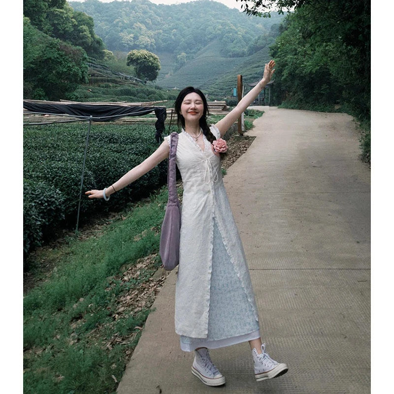 木耳边蝴蝶结系带背心连衣裙夏季新款叠穿半身裙收腰A字裙两件套