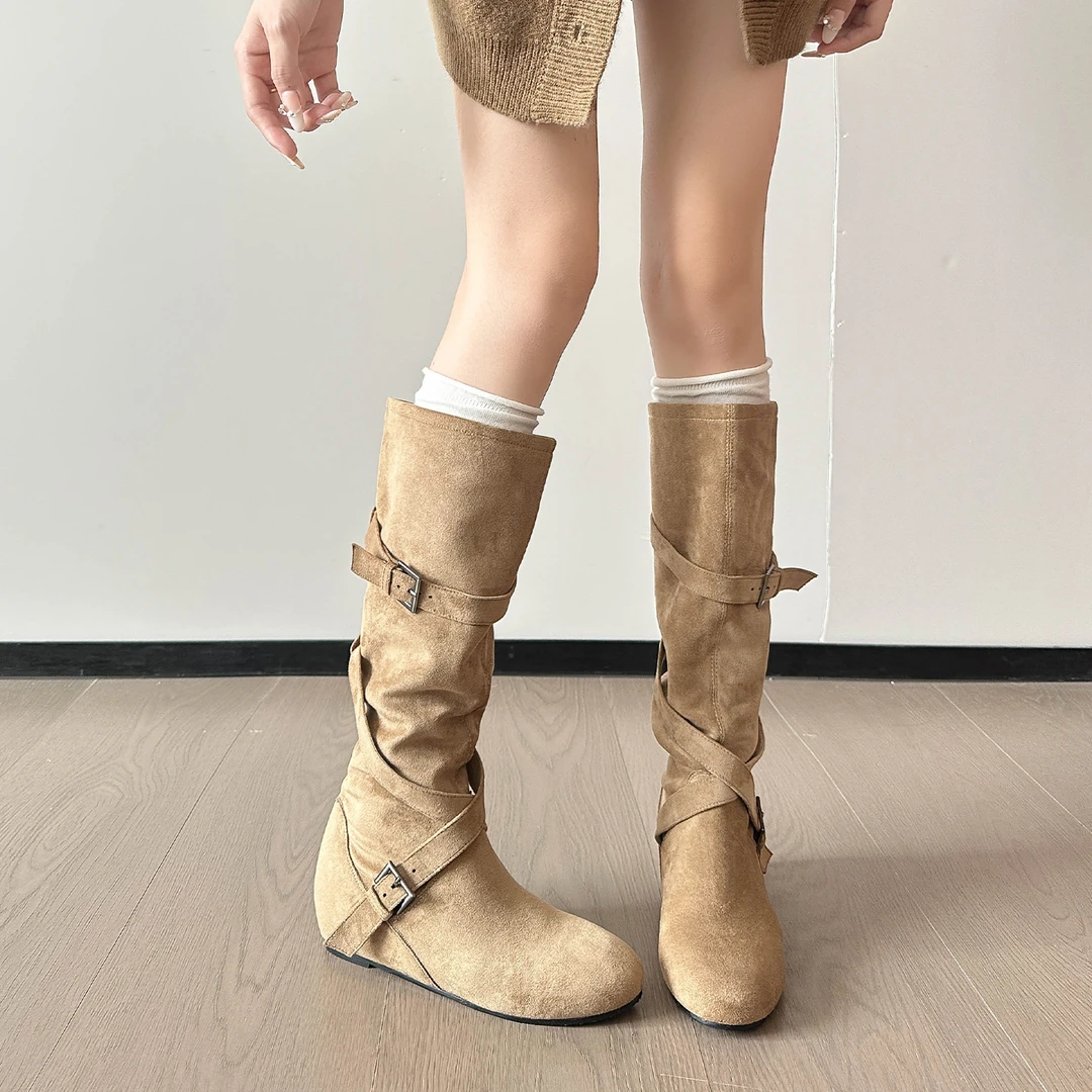 内增高绒面长筒靴女粗腿堆堆靴小个子显瘦高筒骑士靴子百搭法式靴