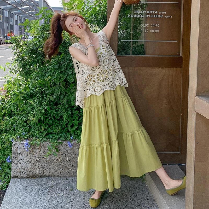 FAVMARTHA绿色俏皮减龄叠穿连衣裙套装女2025夏季新款镂空蕾丝吊