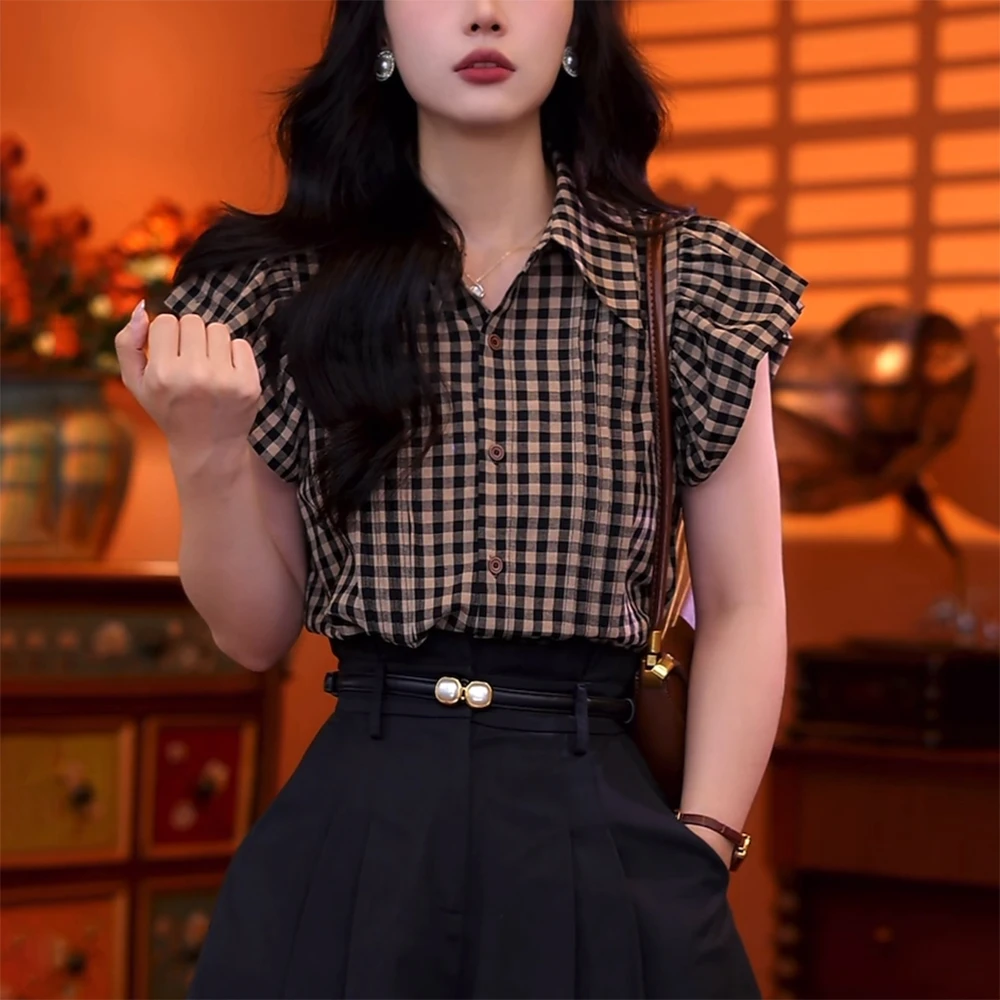 格子翻领衬衫女士夏季2025减龄洋气宽松休闲显瘦设计感飞飞袖上衣