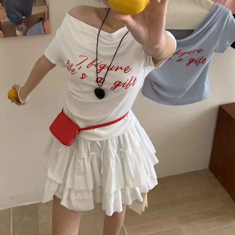 套装针织字母短袖T恤印花时尚一字领短款夏季抽绳复古百搭