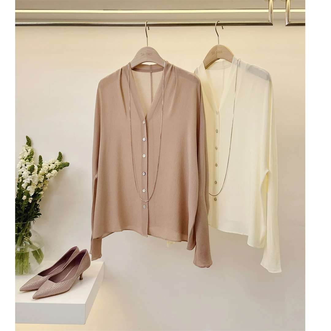 【粉黛佳人】桑蚕丝衬衣百搭衬衫防晒衫鬼皱桑蚕丝衬衫v领时尚纯色