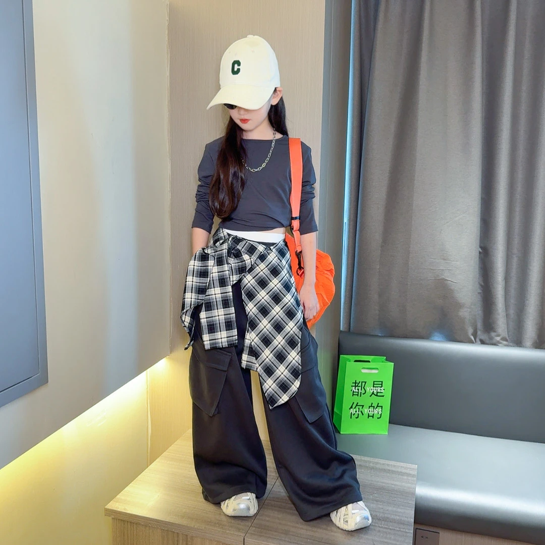 女童美式叠穿工装裤T恤春秋季2025新款儿童洋气宽松阔腿裤套装潮