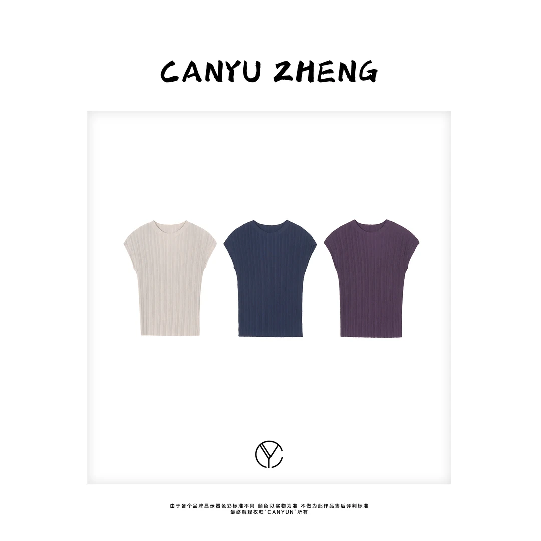 CANYU夏季新款 竖坑条弹力修身圆领落肩袖针织T恤