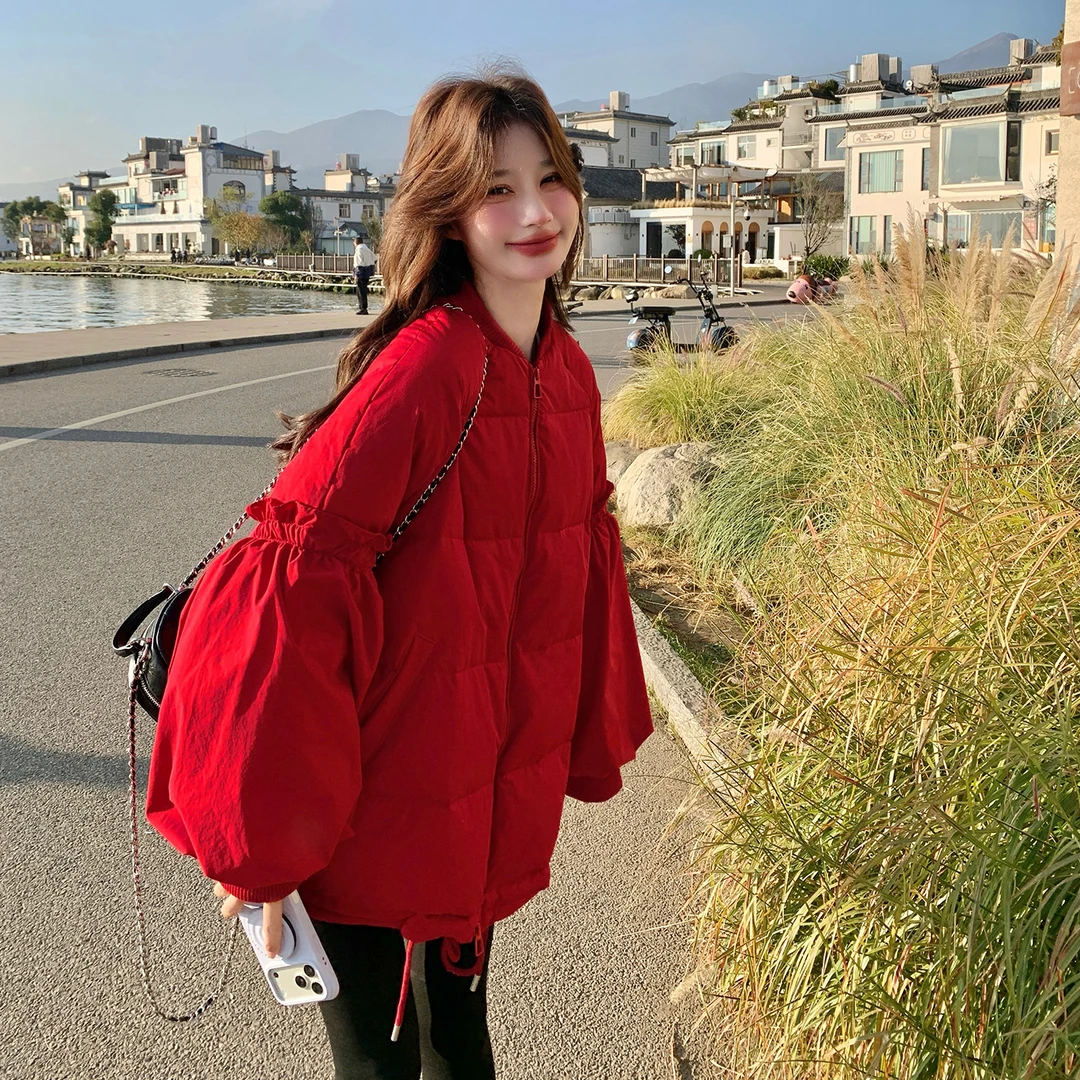 红色木耳边拼接泡芙羽绒服女2025冬季新款巨洋气减龄保暖90绒外套