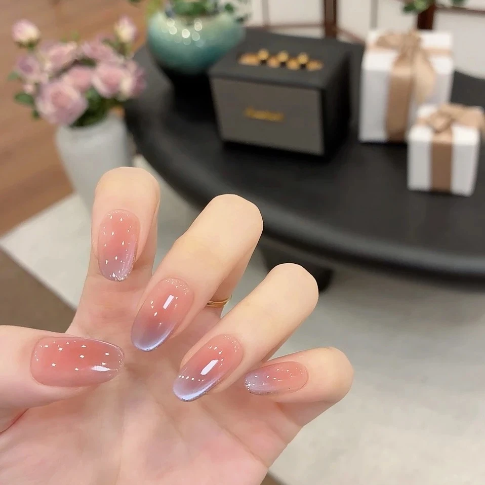 【紫月光】冰透渐变猫眼美甲穿戴甲片夏日长款显白裸色穿戴式手工甲