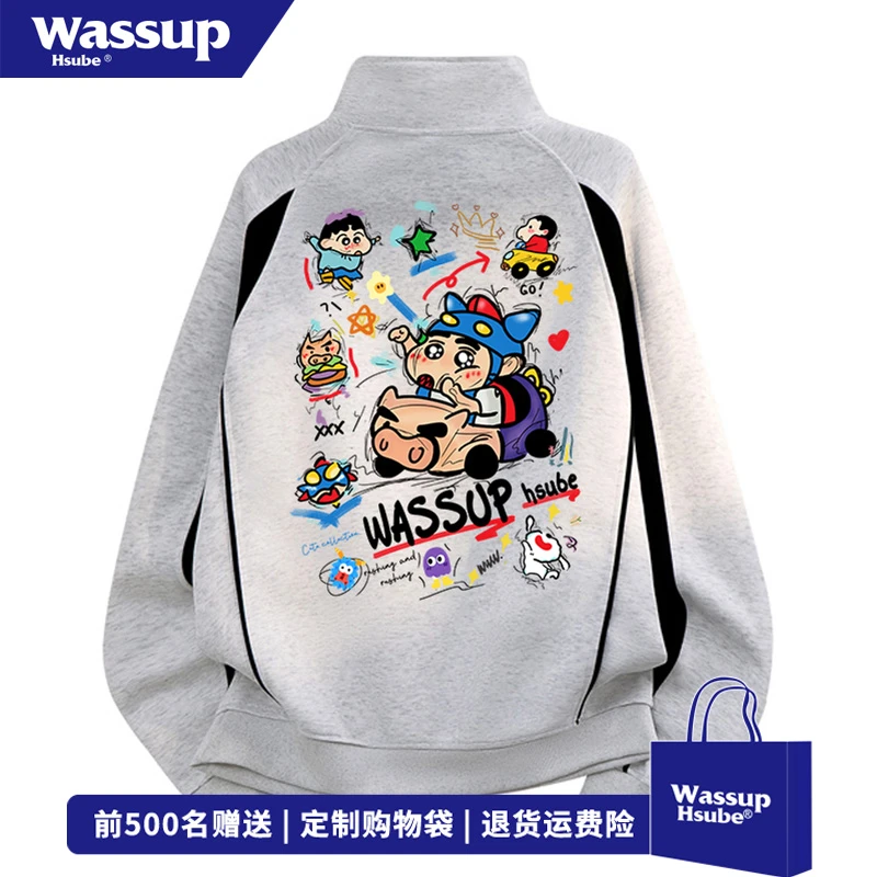 WASSUP HSUBE日系卡通小新印花半拉链卫衣男女秋冬设计感宽松上衣