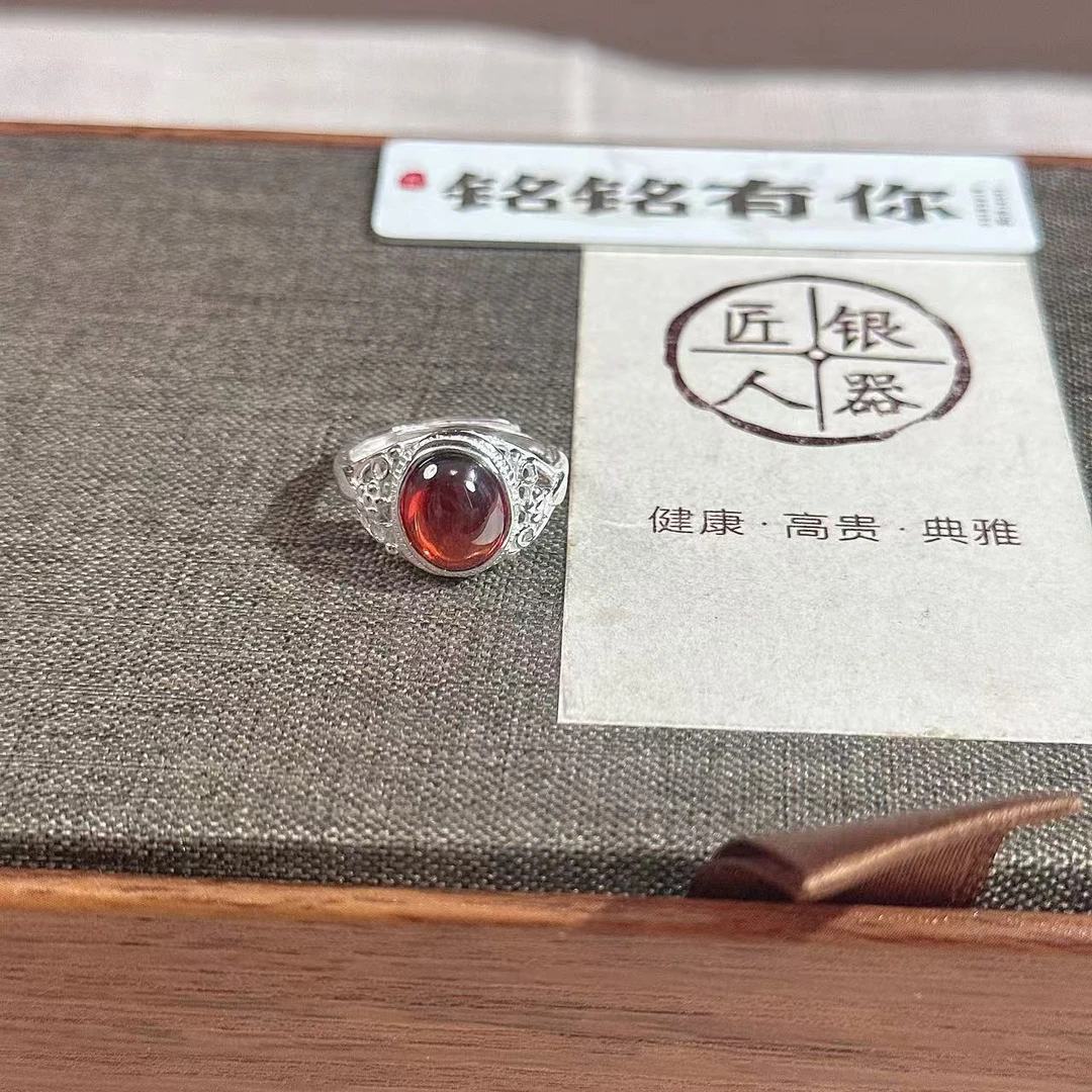 铭铭有你 足银合成锆石戒指 (红）蛋面足银戒指