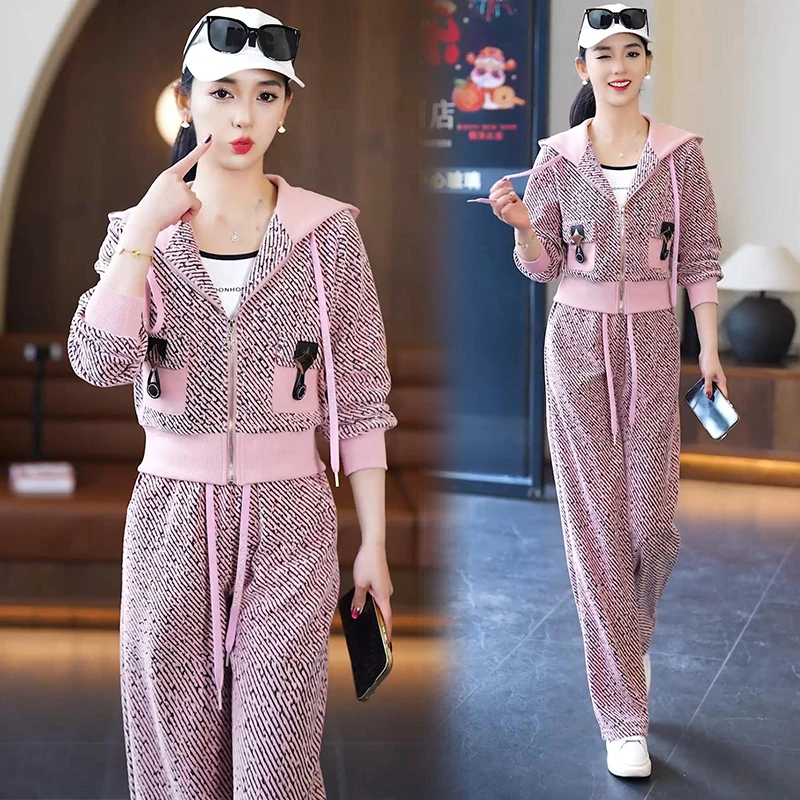 时尚休闲运动套装女2025春季新款洋气质显瘦连帽开衫阔腿裤两件套