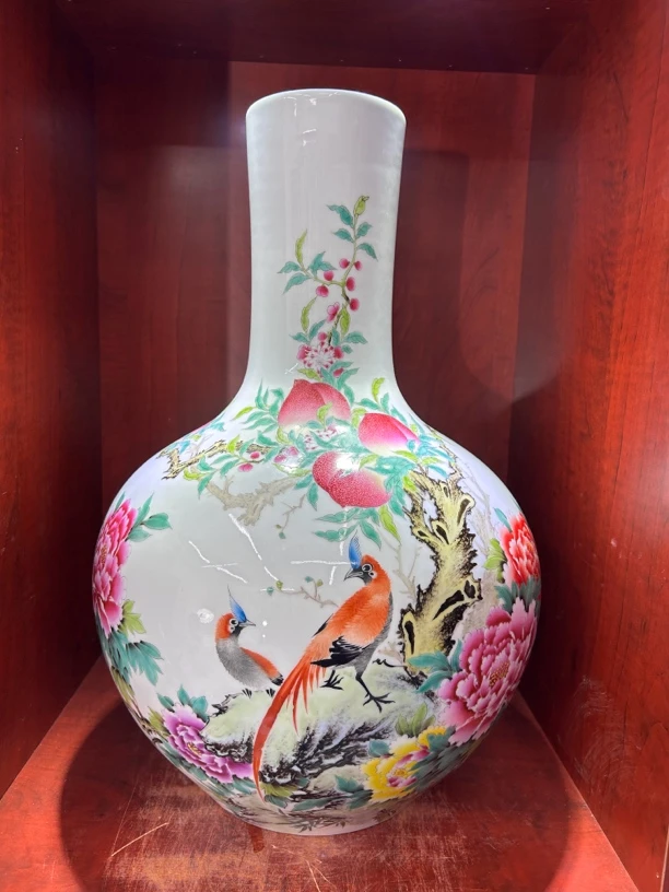 釉上重工粉彩花鸟大号复古手工天球花瓶蔡昌辉陶瓷