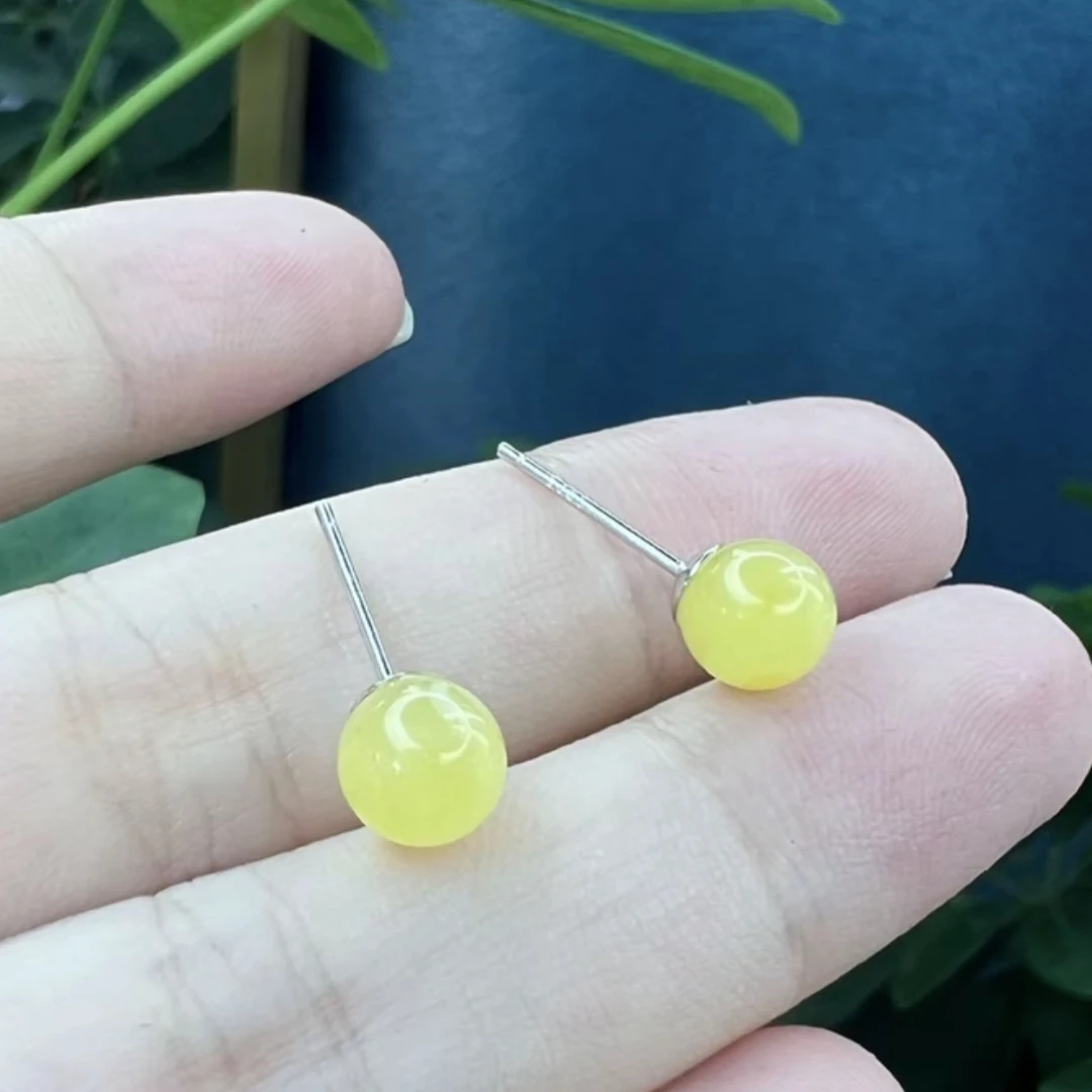 天然保真原矿蜜蜡鸡油黄6mm耳钉