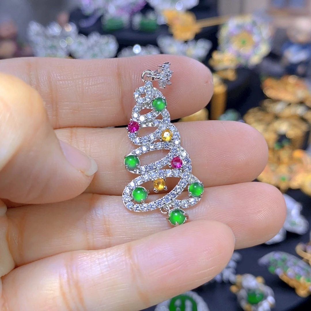 翡翠耳钉银S925镶嵌天然翡翠