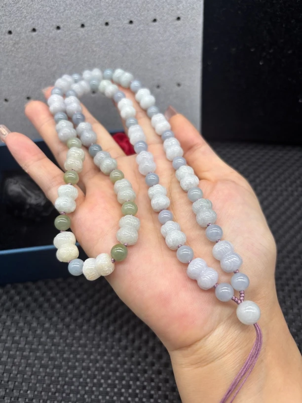 保真天然缅甸a货翡翠紫罗兰雕刻莲花9mm玉石挂件绳毛衣链珠链百搭