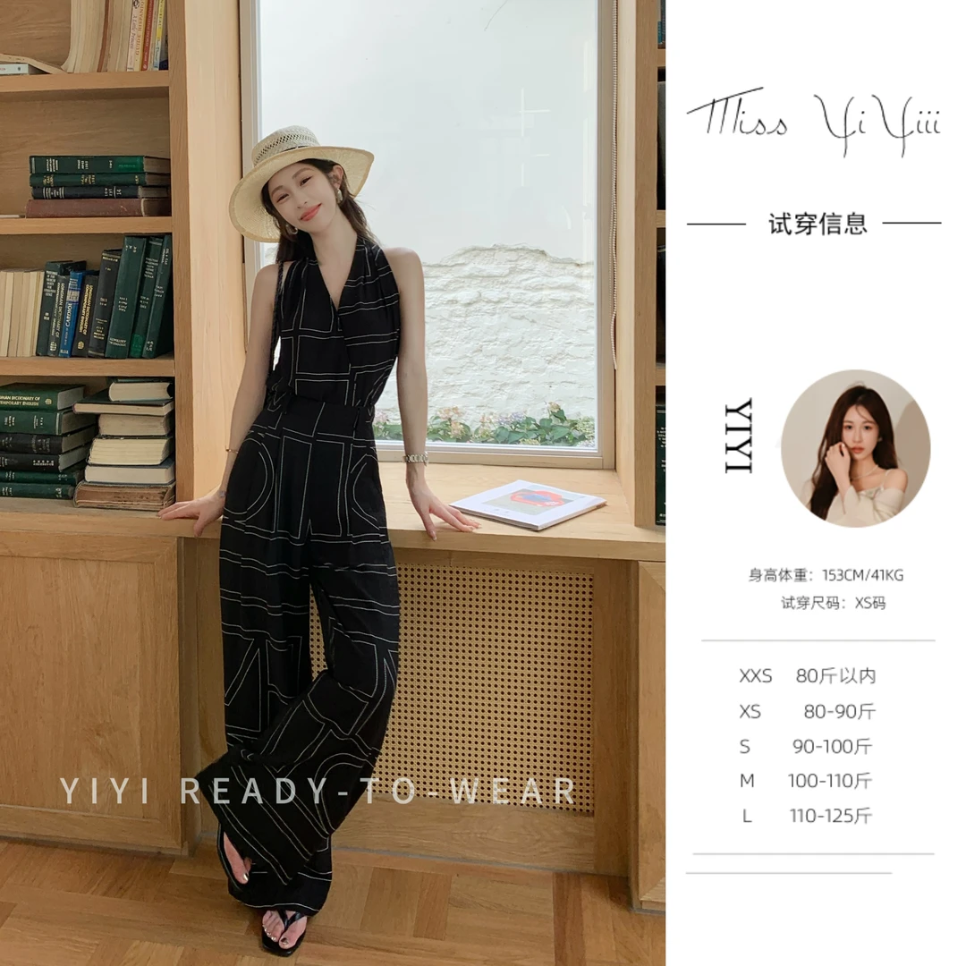 【罗马夏日】<YiYiii>小个子V领上衣时尚显瘦高腰阔腿裤子