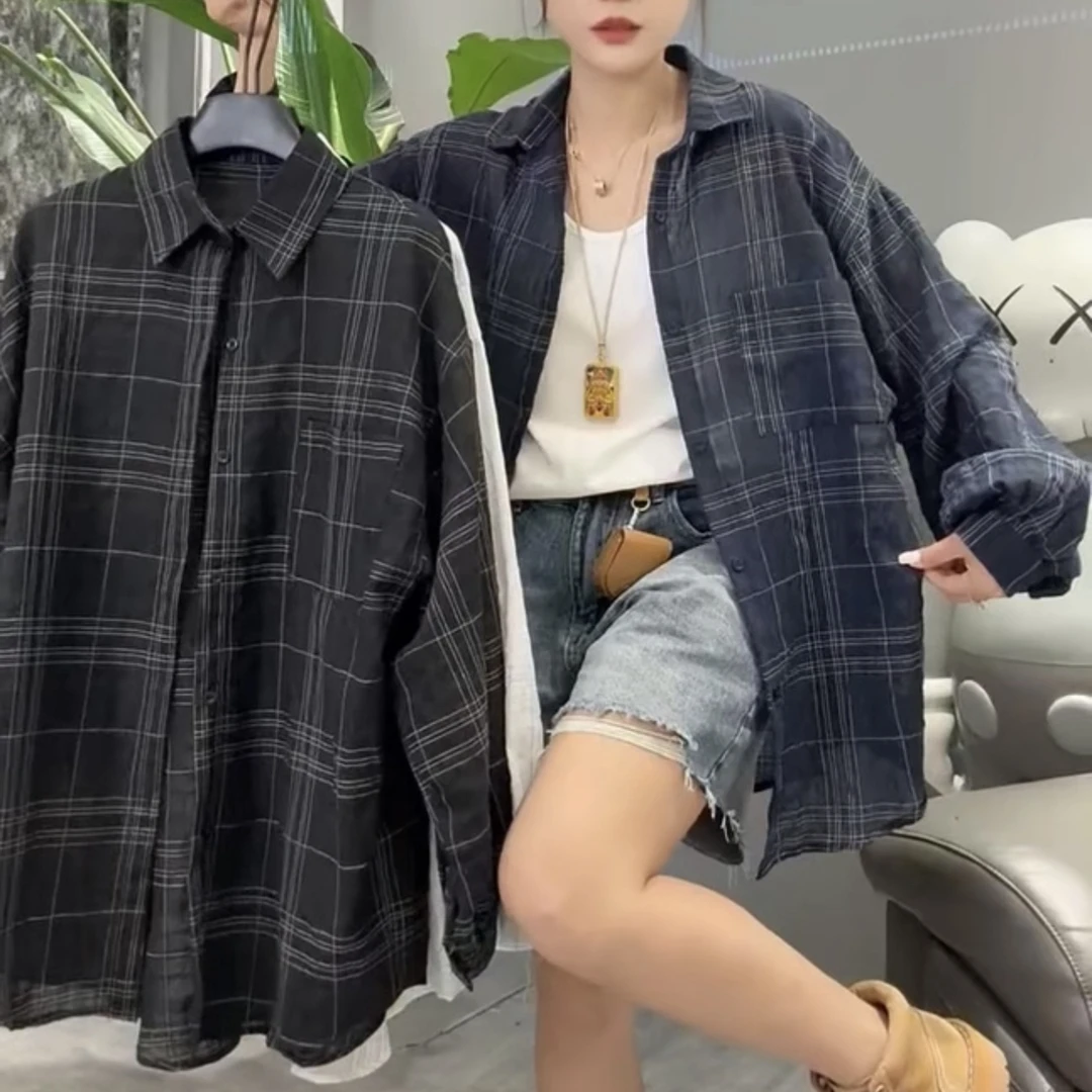 夏季女款格子长袖薄款防晒衬衫休闲宽松显瘦外搭上衣