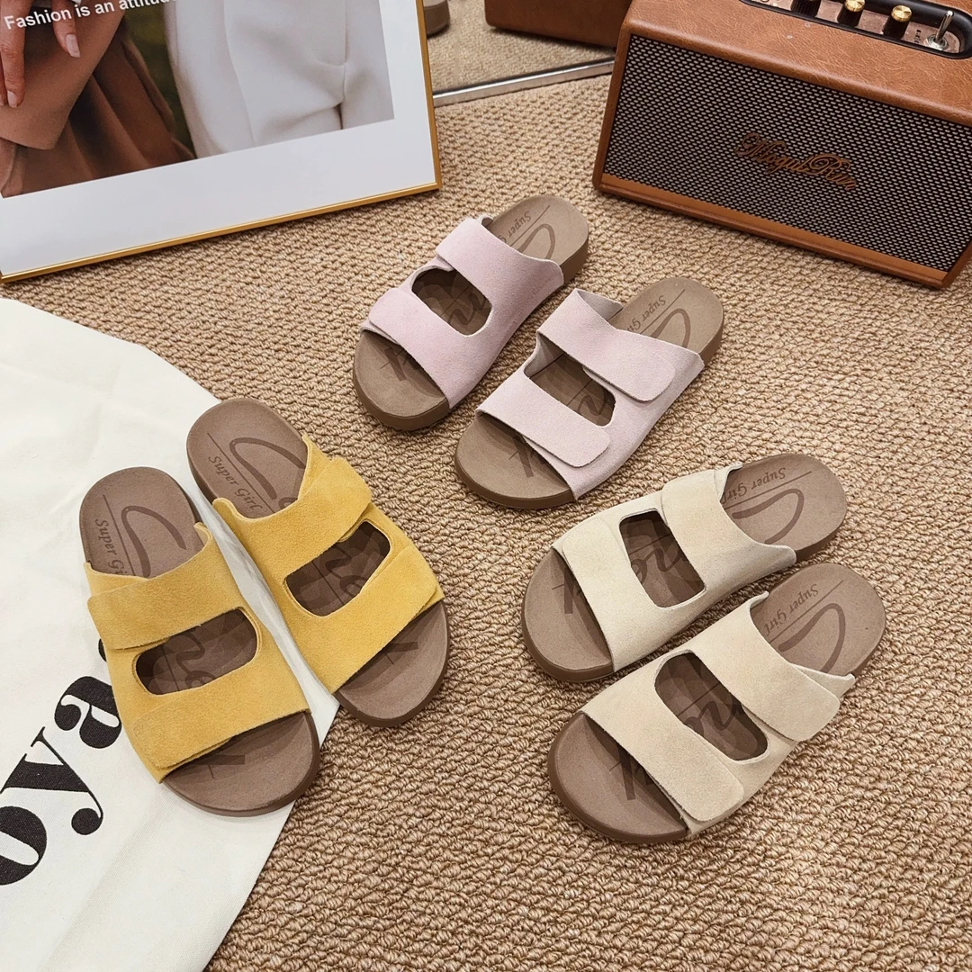 9-157 夏季新品女真皮魔术贴一字拖鞋韩版厚底休闲百搭外穿凉拖鞋