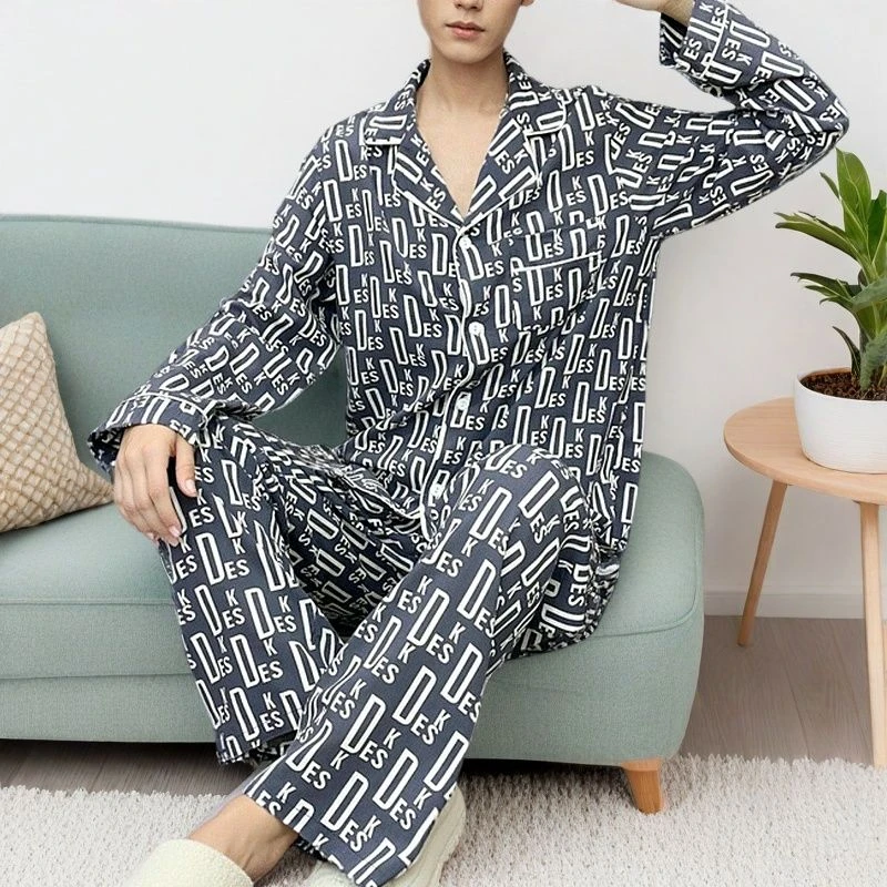 春夏新款男士棉绸睡衣大码薄款长袖长裤家居服可外穿套装(Y164)