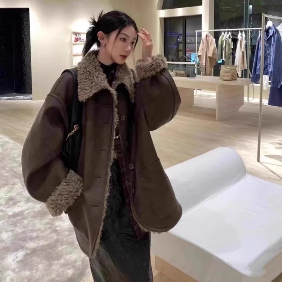 双面穿环保皮毛一体外套女中长款冬季2024款羊羔毛毛加厚复古外套