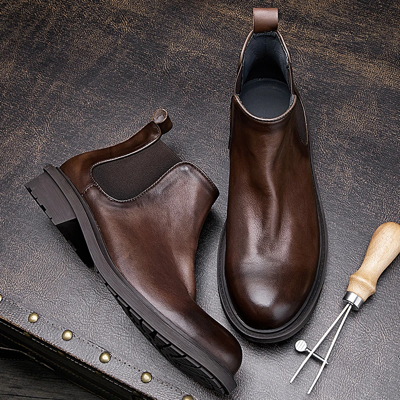 春季男士切尔西短靴英伦风真皮男士靴子商务休闲棉鞋圆头加绒保暖