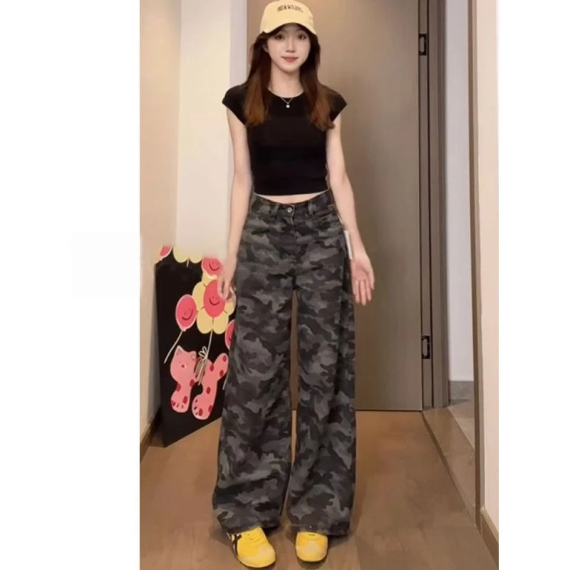 高个子加长美式复古迷彩工装牛仔裤女辣妹裤子女款爆款2025新款