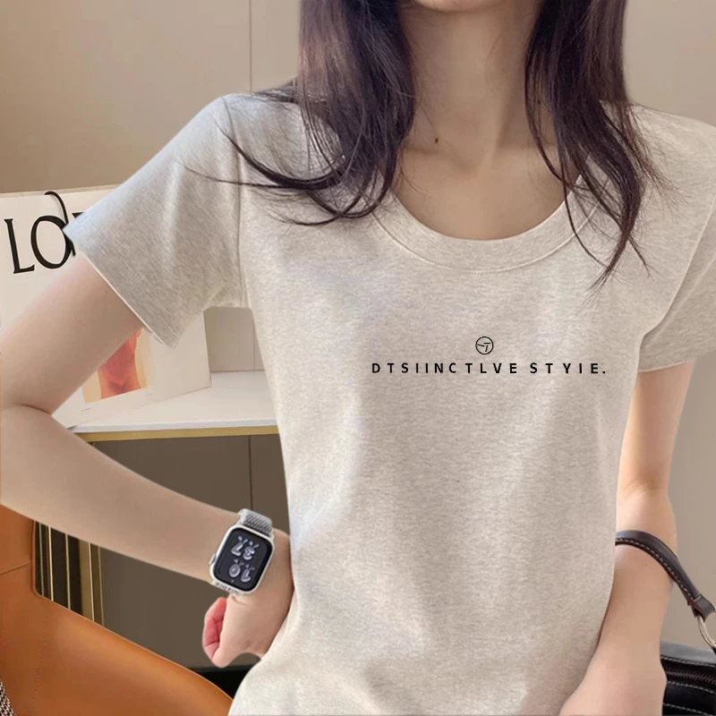 2025年新款夏季正肩u领短袖t恤女低圆领修身显瘦设计感小众上衣潮