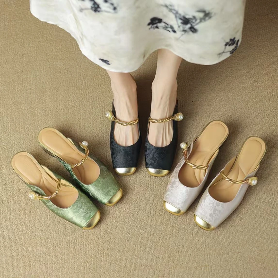 【翘颜品牌】2025新款夏季法式中国风方头百搭包头半托单鞋2708